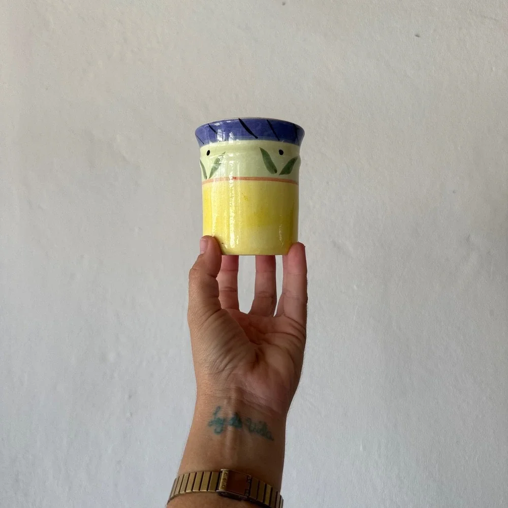 CFP Italian‎ Hand Painted Ceramic Utensil Holder Vase Yellow Blue Mediterranean